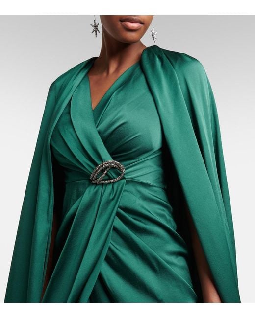 Safiyaa Green Irene Cape-effect Crystal-embellished Satin Gown