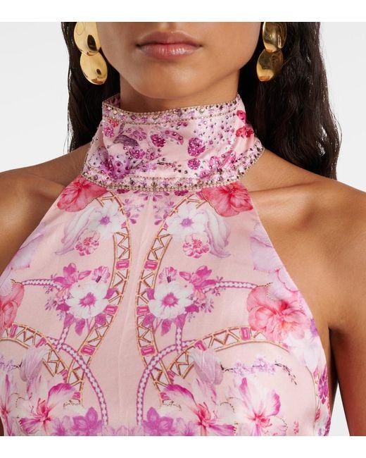 Camilla Pink Floral Embellished Silk Halterneck Top