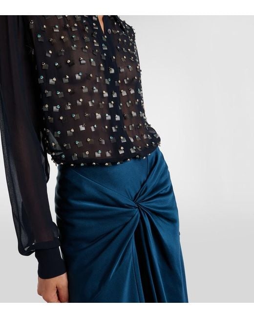Dries Van Noten Blue Gathered Satin Midi Skirt