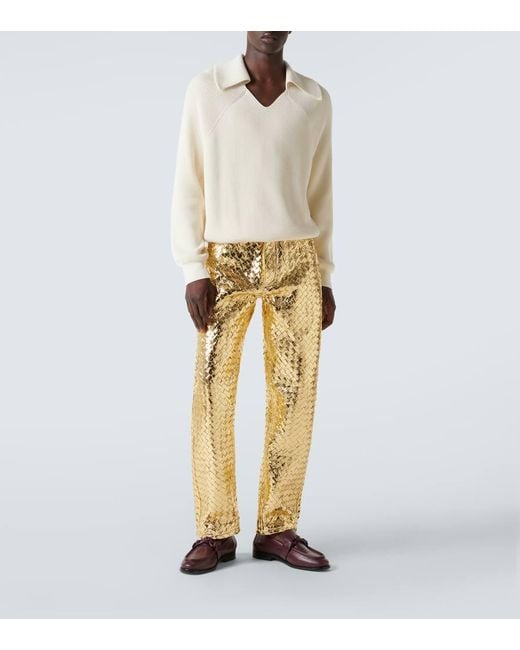 Bottega Veneta Gerade Hose Intrecciato Aus Metallic-Leder in Yellow für Herren