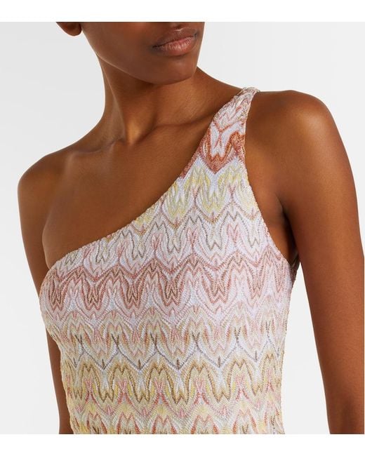Missoni Pink Zigzag One-Shoulder Lame Swimsuit