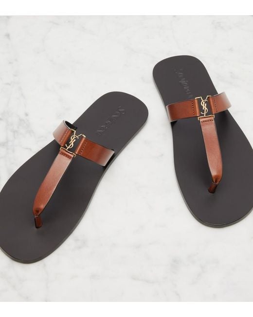 Saint Laurent Brown Cassandre Leather Thong Sandals