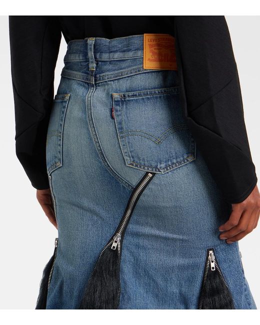 Junya Watanabe Blue Low-Rise Denim Maxi Skirt