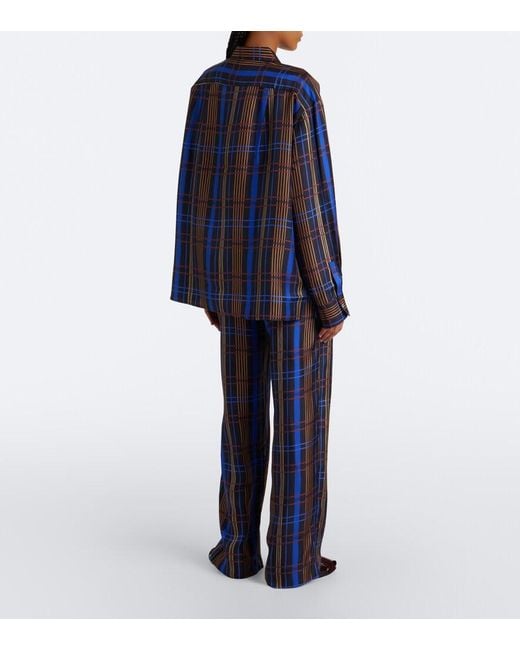 Asceno Blue Aurelia Plaid Silk Twill Wide-Leg Pants