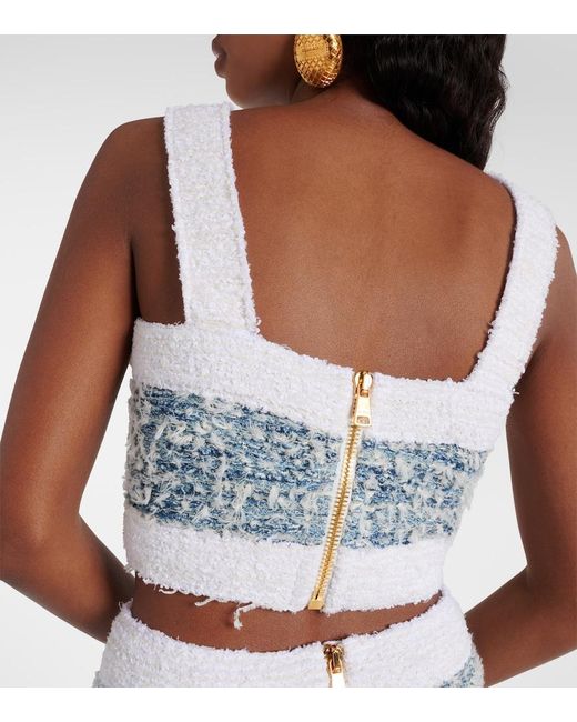 Balmain Blue Tweed Denim Crop Top