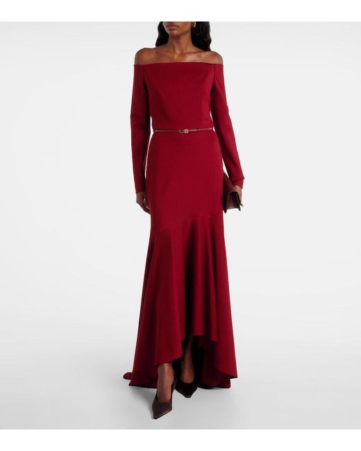 Elie Saab Red Belted Off-Shoulder Jersey Gown