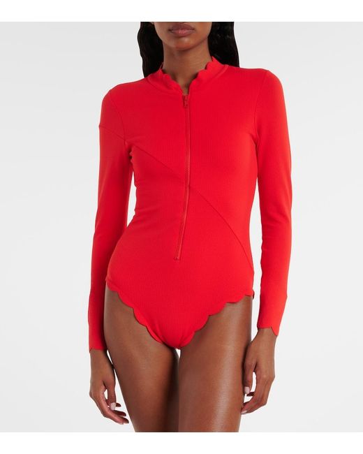 Marysia Swim Red North Sea Scalloped Rashguard Swimsuit