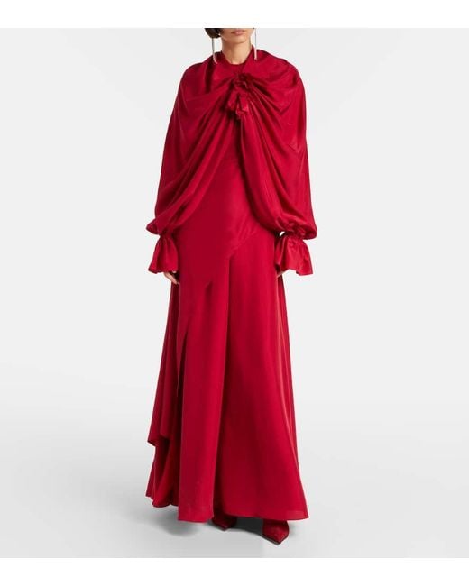 Alexander McQueen Red Draped Floral-Applique Silk Gown