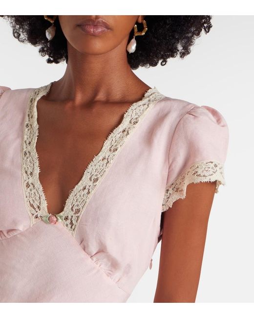 Rixo Pink Clarice Lace-Trimmed Linen-Blend Midi Dress