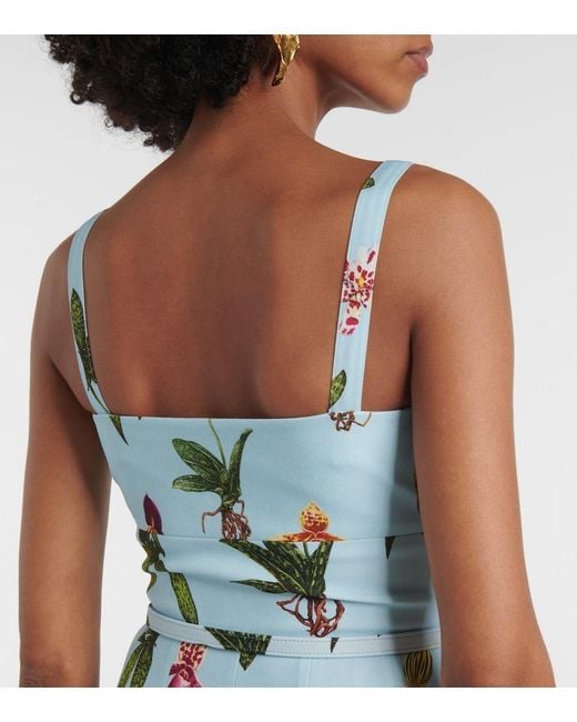 Oscar de la Renta Blue Floral Belted Cady Midi Dress