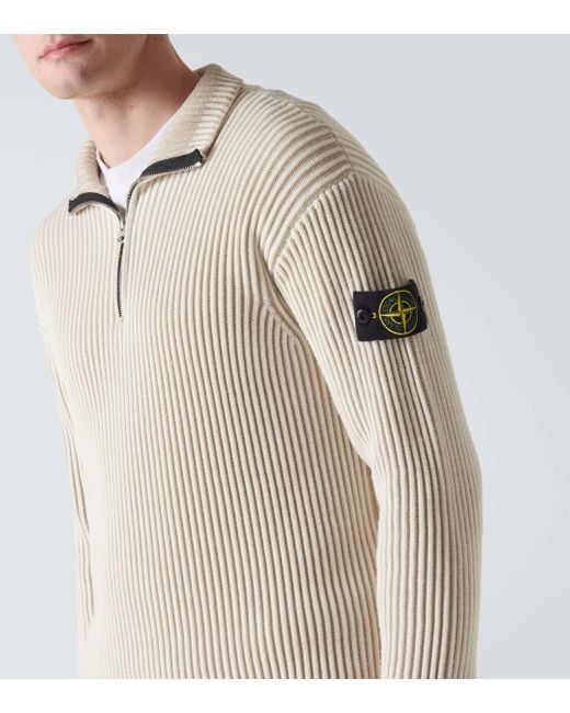 Stone Island White Compass Virgin Wool Half-Zip Sweater for men