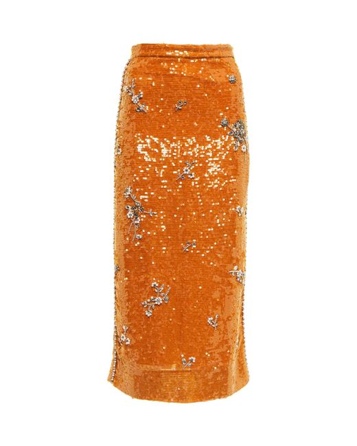 Erdem Orange Maira Embellished Sequined Midi Skirt