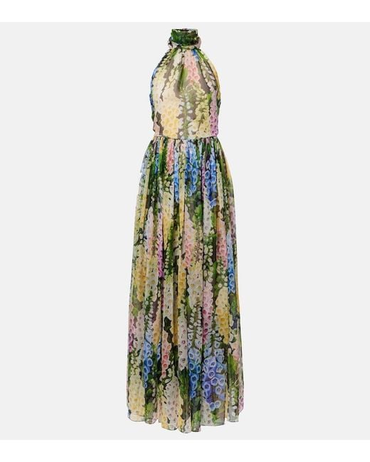 Oscar de la Renta Green Floral Gathered Silk Chiffon Gown