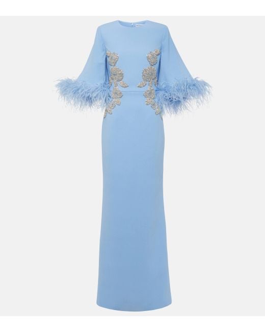 Rebecca Vallance Blue Juliana Feather-trimmed Crepe Gown
