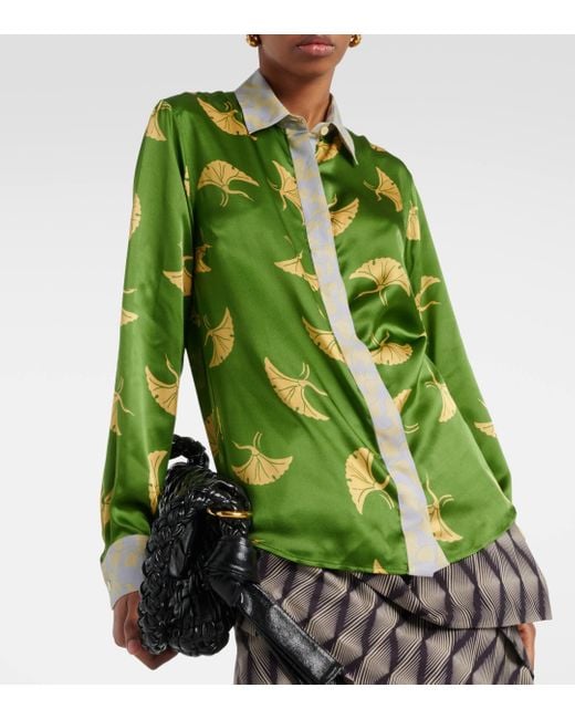 Dries Van Noten Green Printed Silk-blend Satin Shirt