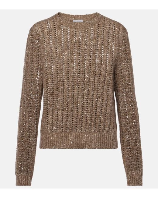 Brunello Cucinelli Brown Open-Knit Sequined Sweater