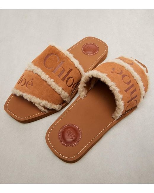 Chloé Brown Woody Logo Suede Slides
