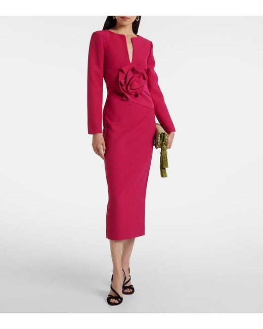 Roland Mouret Red Floral-Applique Crepe Midi Dress