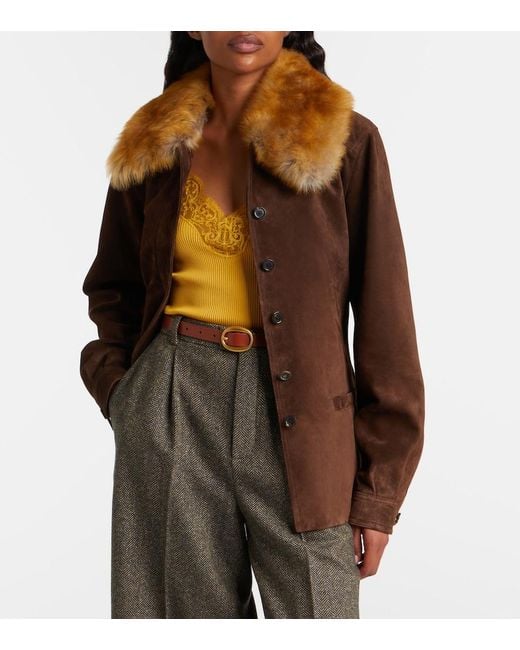Saint Laurent Brown Belted Shearling-Trimmed Suede Jacket