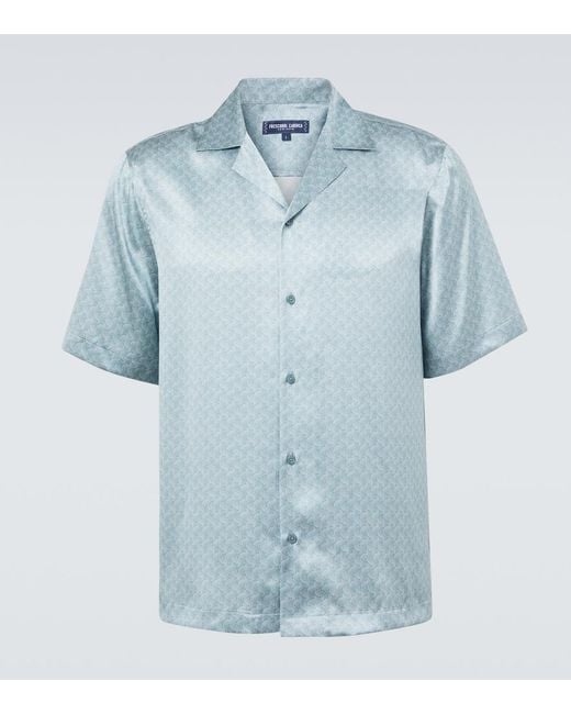 Frescobol Carioca Blue Roberto Printed Silk Bowling Shirt for men