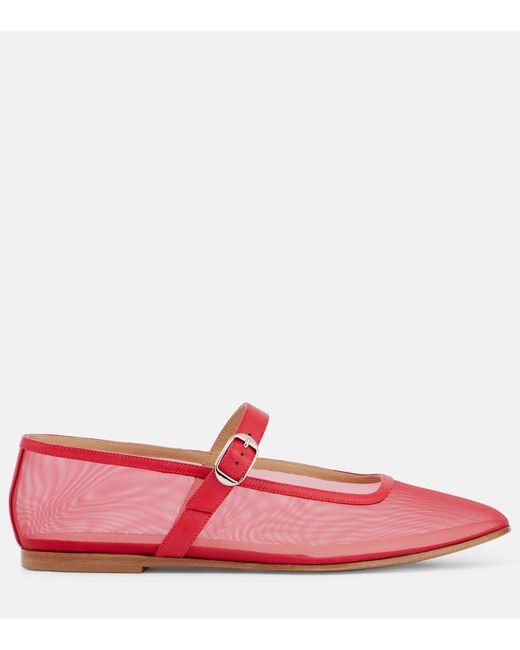 Le Monde Beryl Red Leather-Trimmed Mesh Mary Jane Flats