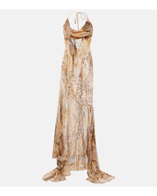 Alessandra Rich Natural Leopard-print Silk Georgette Gown