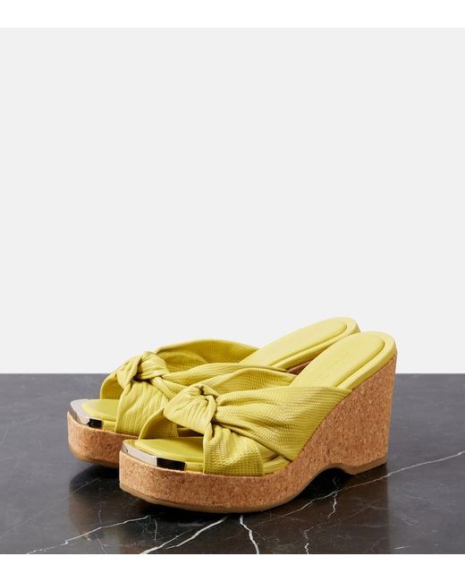 Jimmy Choo Yellow Avenue Lizard-Effect Leather Wedge Mules