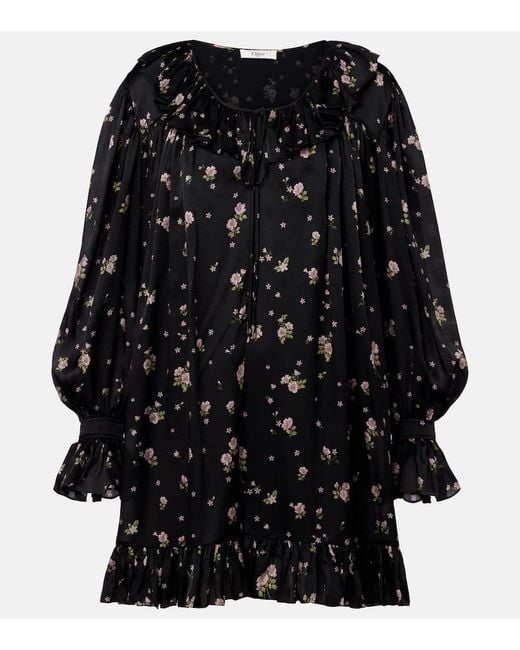 Chloé Black Gathered Silk Charmeuse Minidress