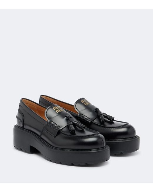 Miu Miu Black Leather Platform Loafers