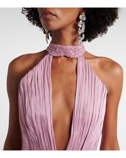 Costarellos Purple Juliette Halterneck Georgette Lame Gown