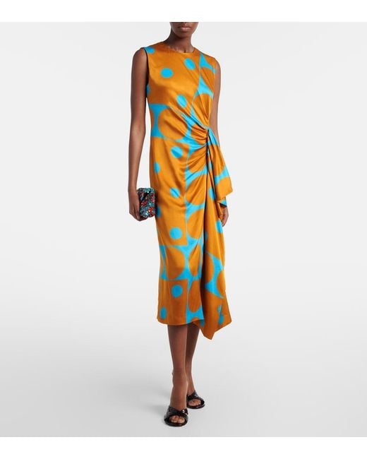 Dries Van Noten Orange Draped Printed Satin Midi Dress