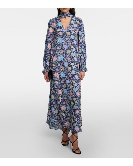 Rixo Blue Ferne Floral Crepe Midi Dress