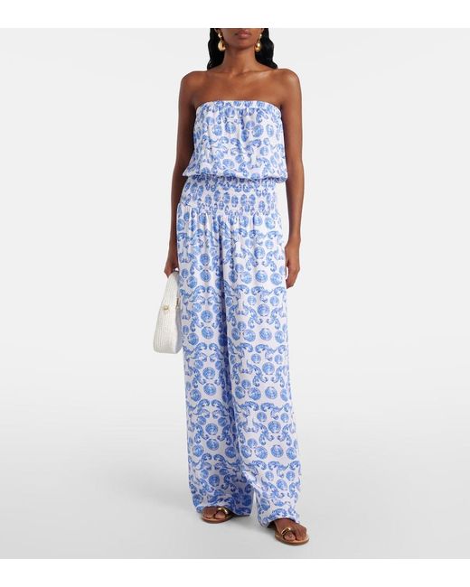 Melissa Odabash Blue Naomi Shirred Cotton Bandeau Jumpsuit