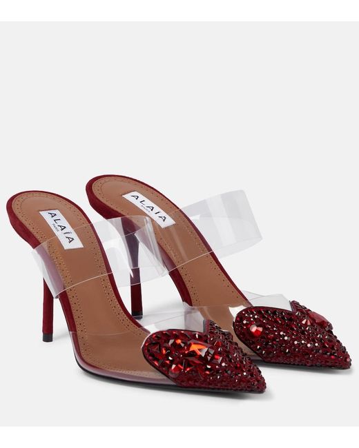 Alaïa Red Alaia Embellished Pu And Suede Mules