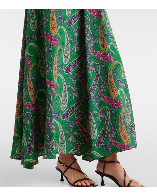 Etro Green Paisley Tie-Neck Silk Maxi Dress