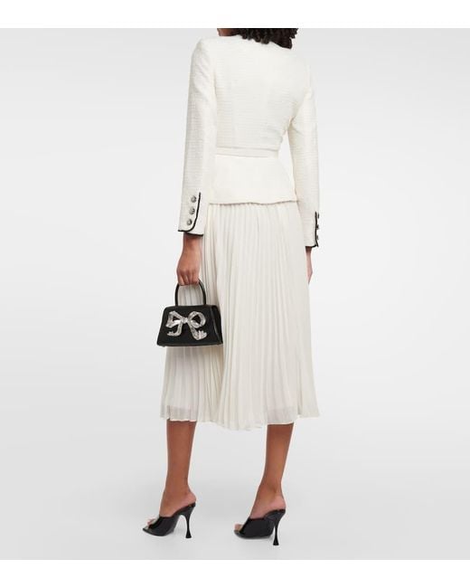 Self-Portrait White Belted Crystal-embellished Bouclé And Pleated Crepe Midi Dress
