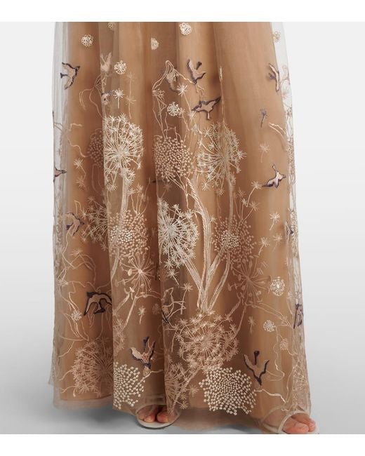 Costarellos Natural Embroidered Tulle Gown
