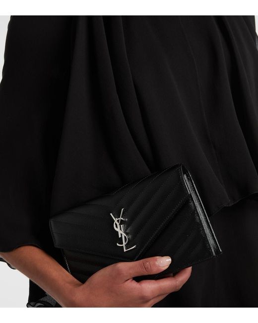 Saint Laurent Black Cassandre Envelope Small Leather Wallet On Chain