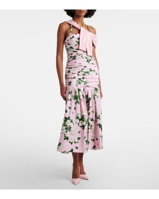 Carolina Herrera White Floral Ruched Cotton-Blend Midi Dress