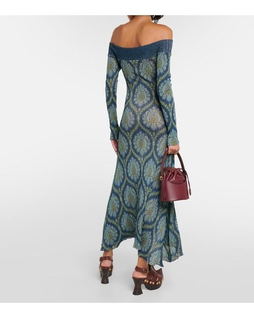 Etro Green Printed Off-Shoulder Midi Dress