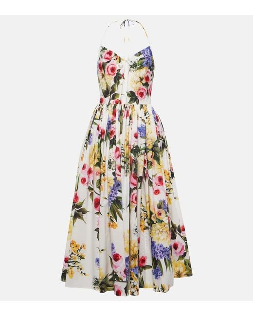 Robe Midi Dos Nu En Popeline De Coton À Imprimé Fleuri Et À Fronces Dolce & Gabbana en coloris White