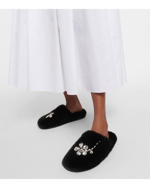 Simone Rocha Black Embellished Faux Shearling Slippers