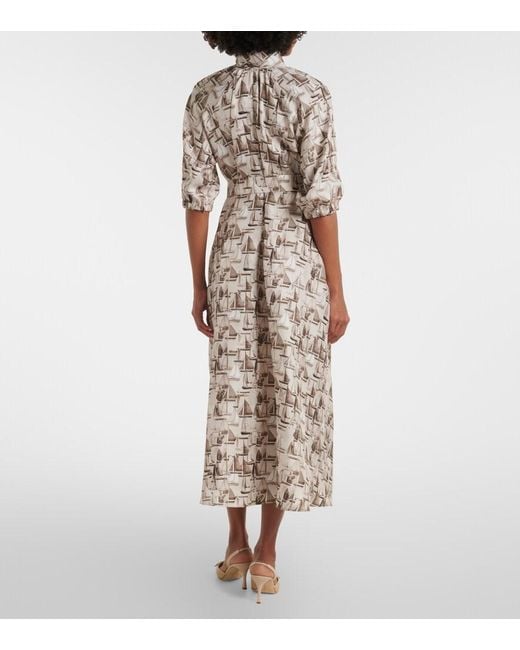 Max Mara White Printed Tie-Neck Silk Twill Midi Dress