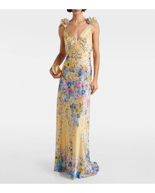 Camilla Metallic Embellished Floral Ruffled Silk Satin Maxi Dress