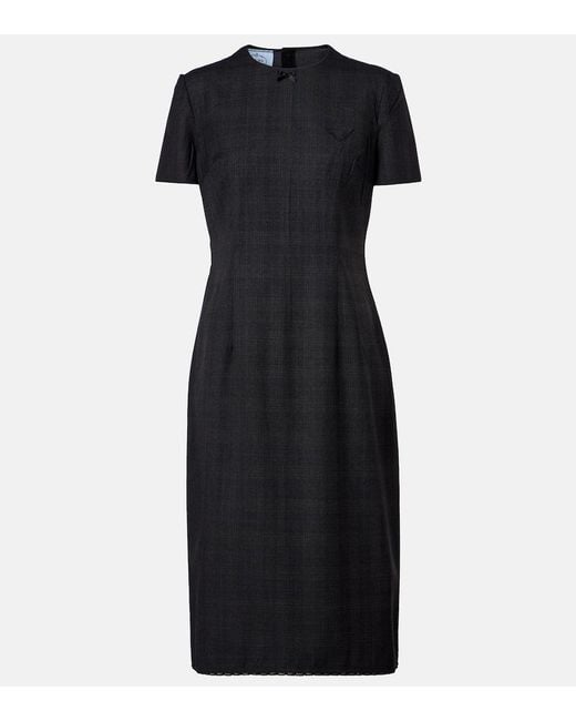Prada Black Checked Virgin Wool Midi Dress