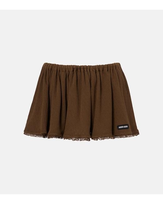 Miu Miu Brown Lace-Trimmed Pointelle Cotton Miniskirt