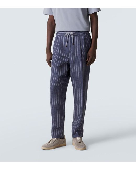 Brunello Cucinelli Blue Striped Linen Straight Pants for men