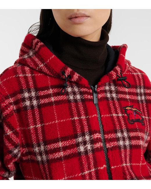 Burberry Red Cropped Check Fleece Hooded Jacket