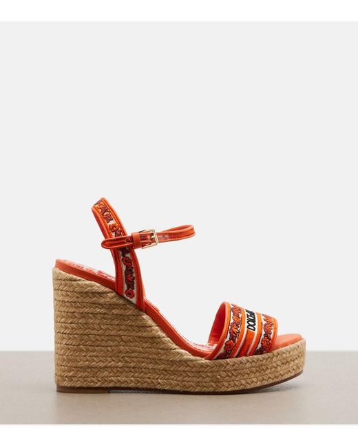 Dolce & Gabbana Orange Embroidered Floral Espadrille Wedges
