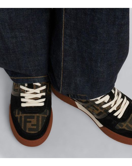 Fendi Black Match Jacquard Suede-Trimmed Sneakers